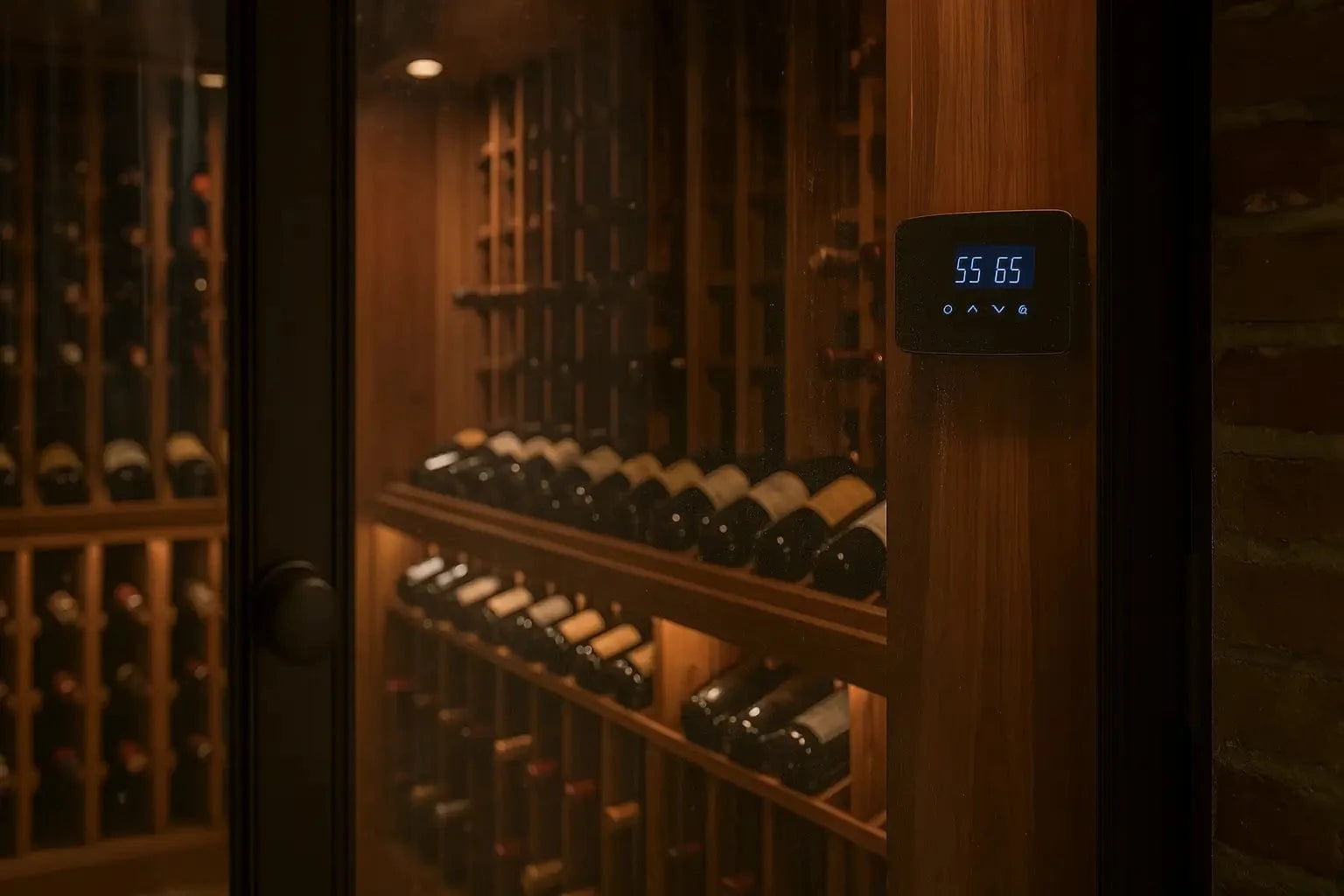 Photorealistic wine cellar with digital climate controls, UV-protected doors, and wooden wine racks storing bottles at 55°F and 65% humidity.