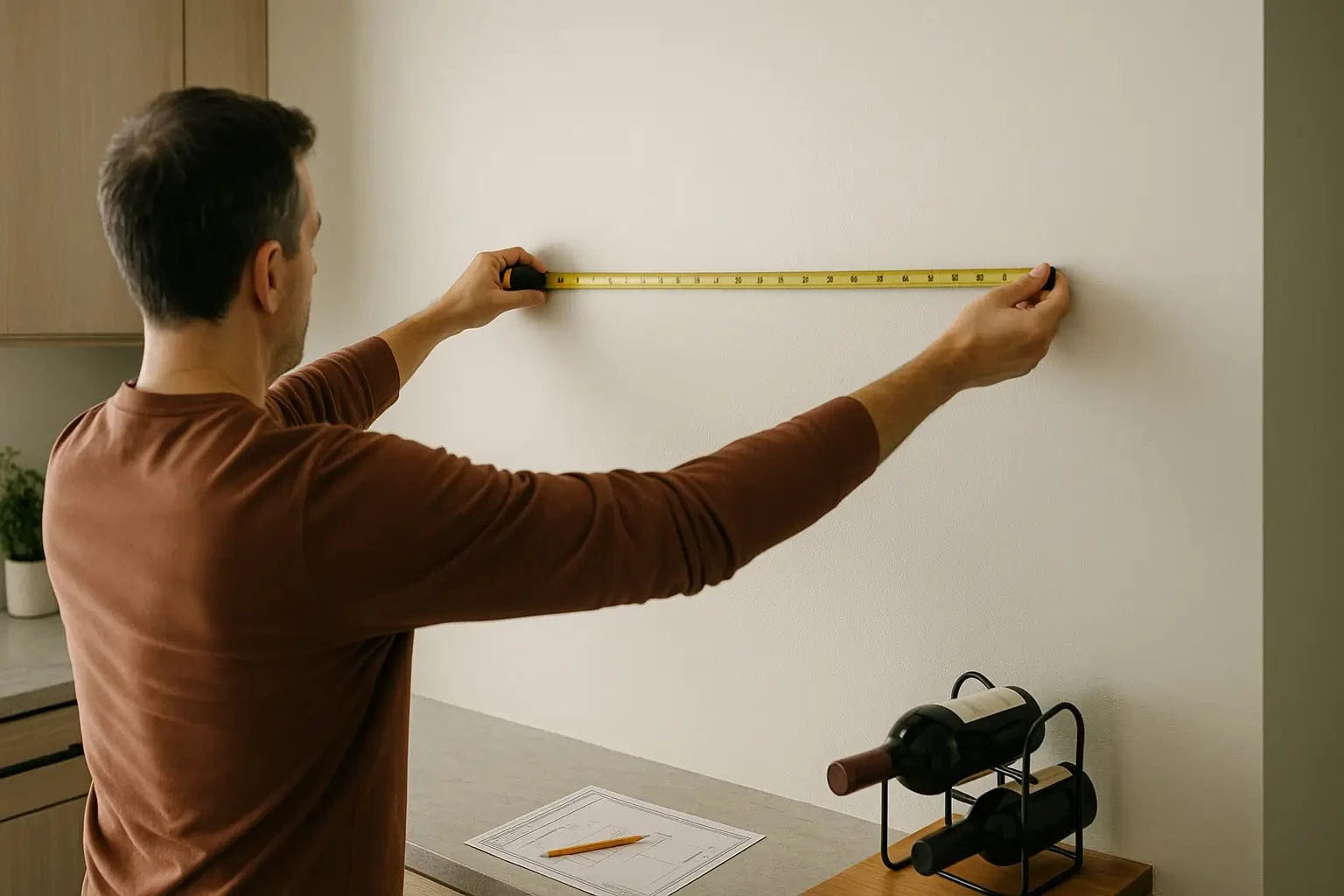 Person measuring wall space to install a wine rack in home kitchen