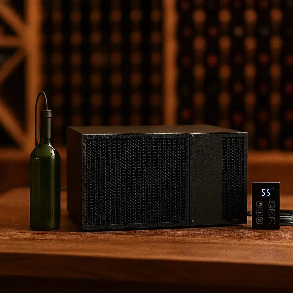 WhisperKOOL Platinum Split wine cooling unit with remote controller and bottle probe on wood table in elegant wine cellar, square image.