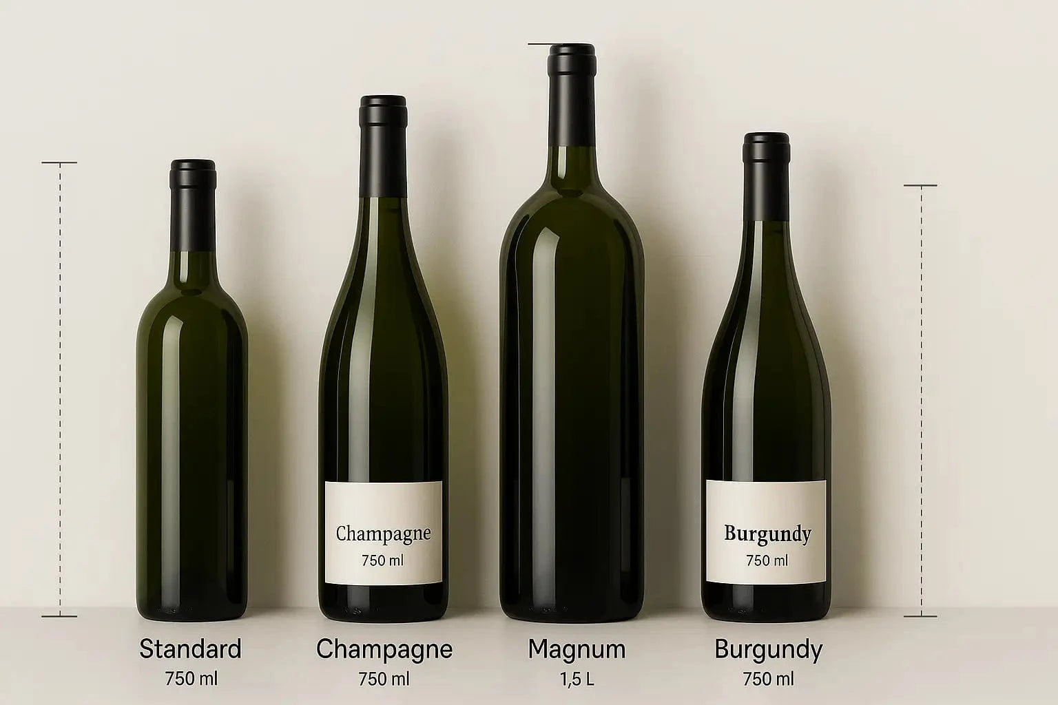 Comparison of standard, magnum, and Champagne wine bottles