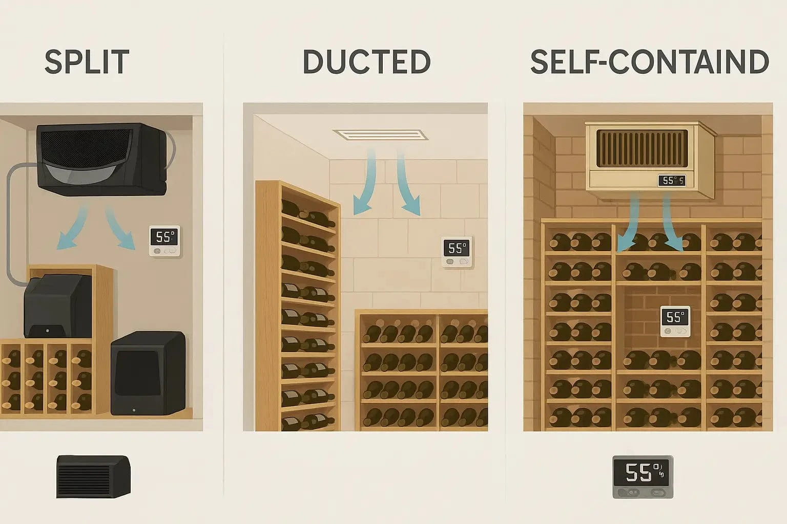 Infographic showing split, ducted, and self-contained wine cellar cooling systems with ideal temperature and humidity settings