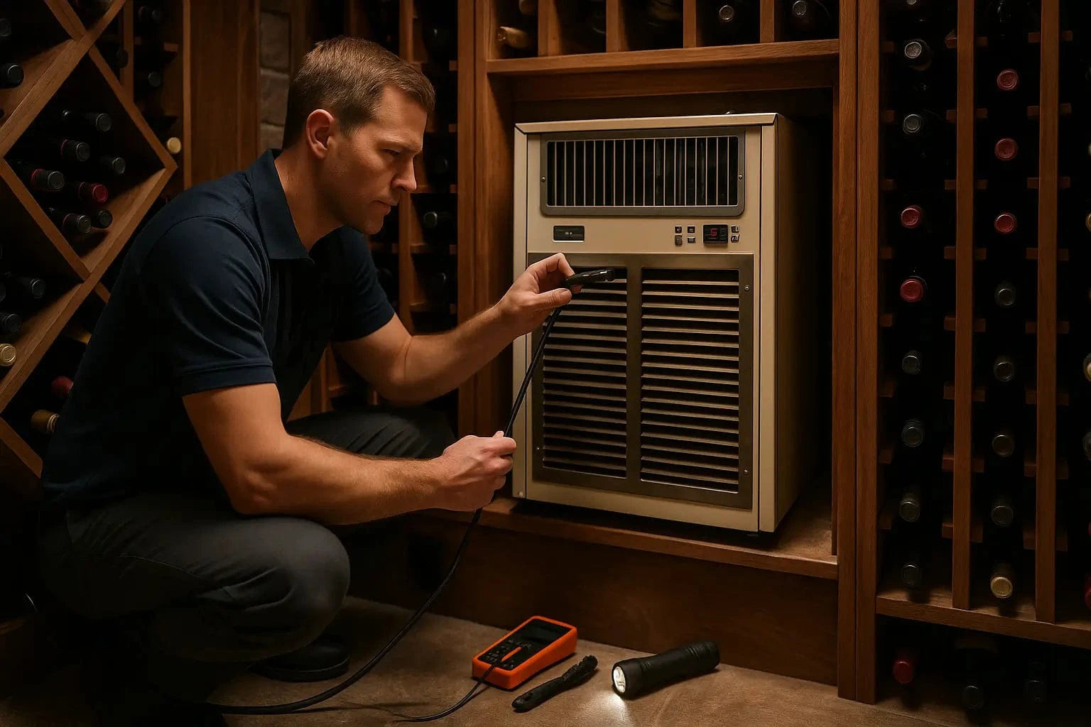 Technician troubleshooting a wine cooling unit in a wine cellar, checking power, drain line, filters, and thermostat to resolve temperature or leakage issues.
