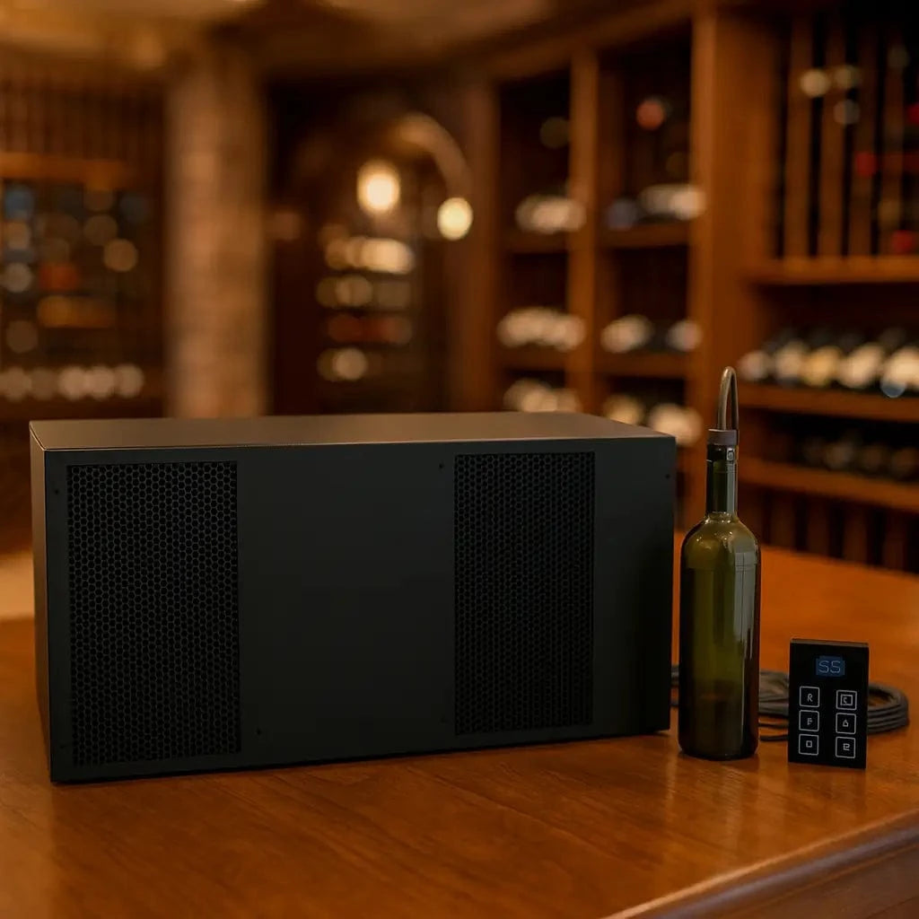 Black wine cooling unit with digital controller and bottle probe on a wood table inside a blurred luxury wine cellar, square image.
