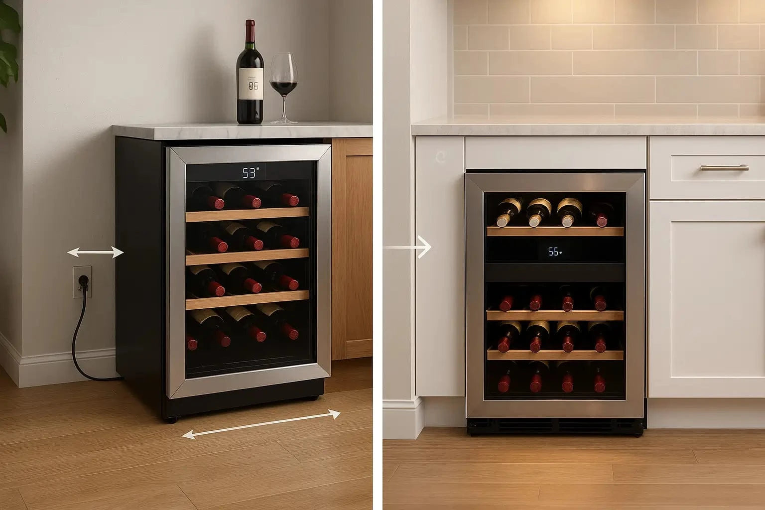 Photorealistic image showing correct installation and placement of freestanding and built-in wine fridges in a home