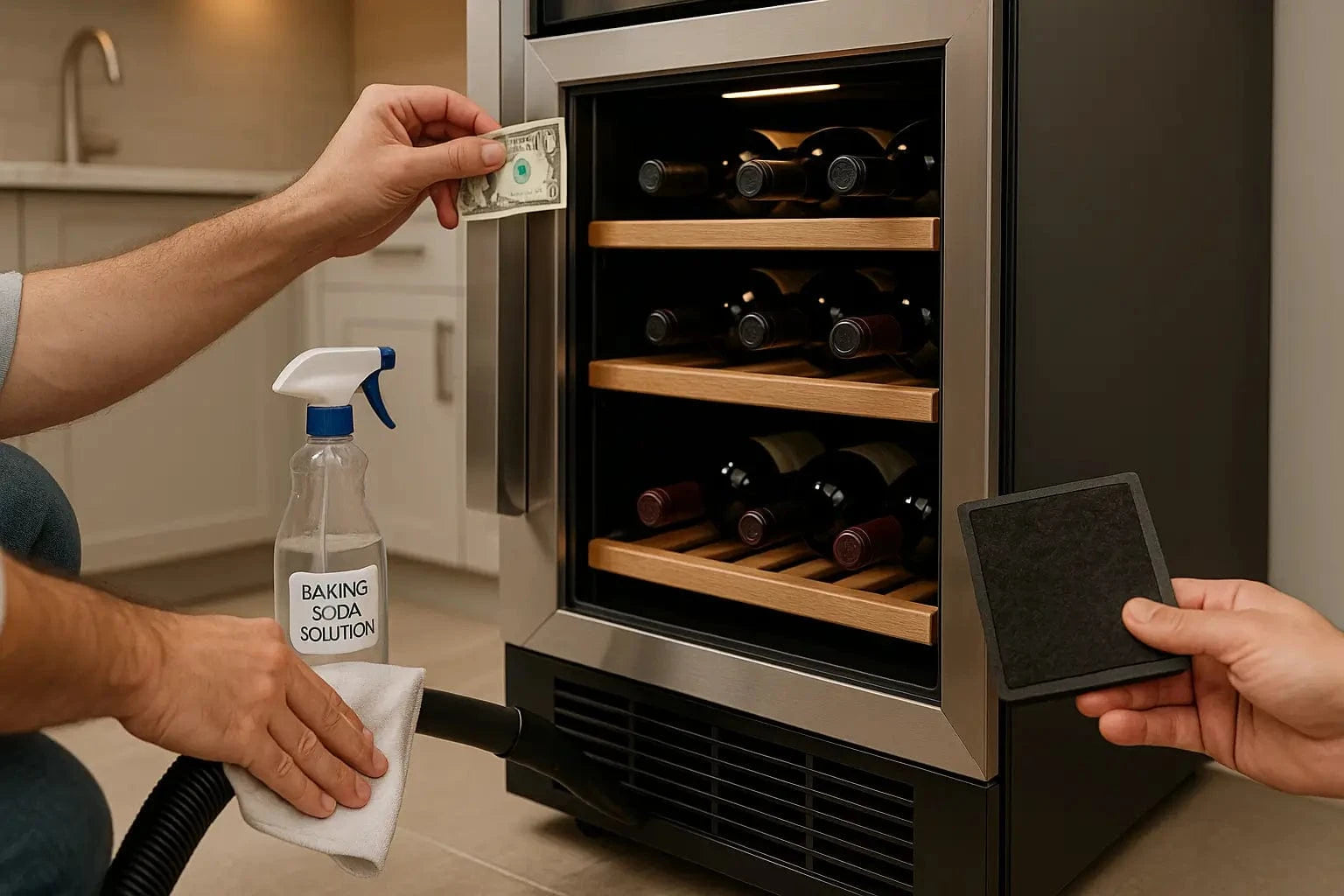 Photograph of a person maintaining a wine fridge by cleaning the interior, checking door seals, vacuuming vents, and replacing the charcoal filter to ensure optimal performance.
