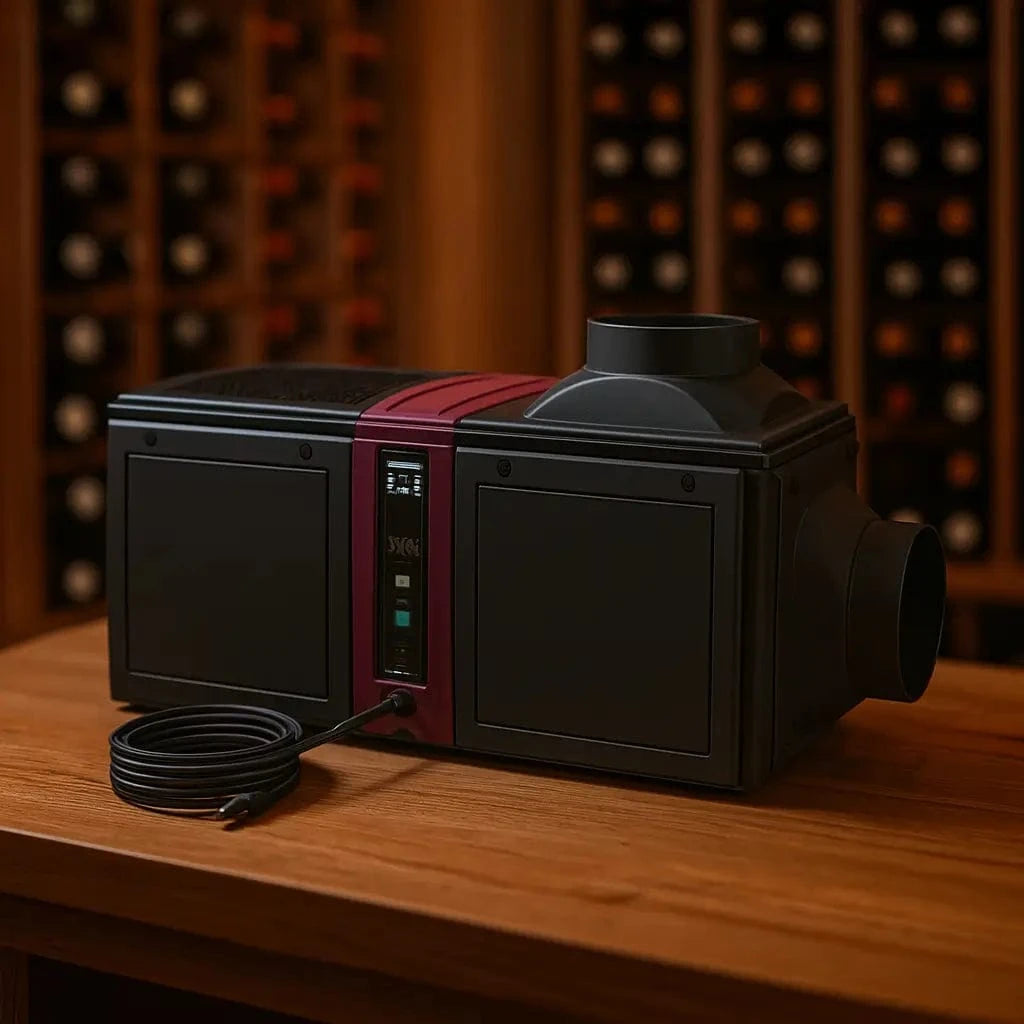Wine Guardian ducted cooling unit on wooden table with blurred wine cellar background, square aspect ratio