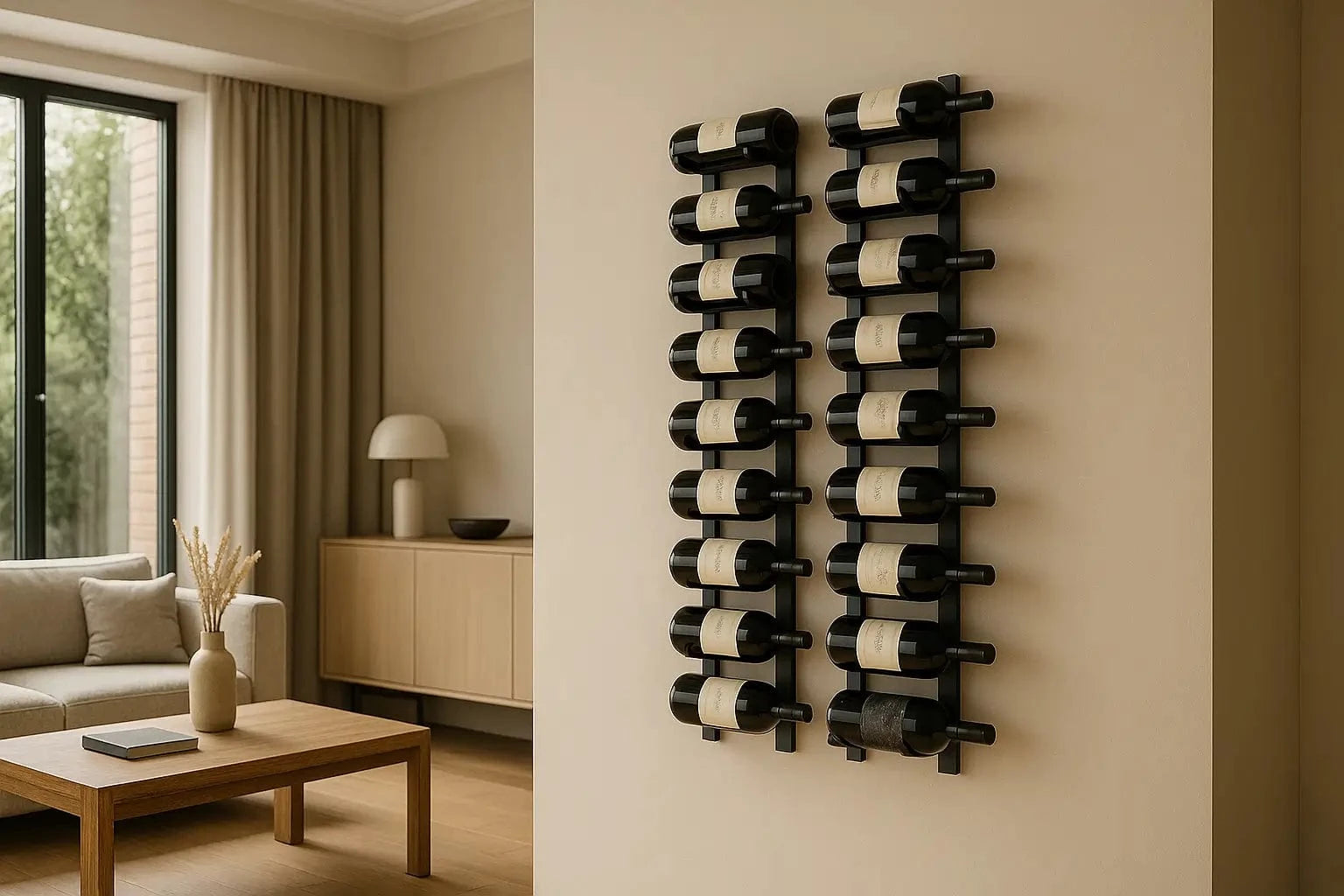 Stylish wall-mounted wine rack in modern home interior