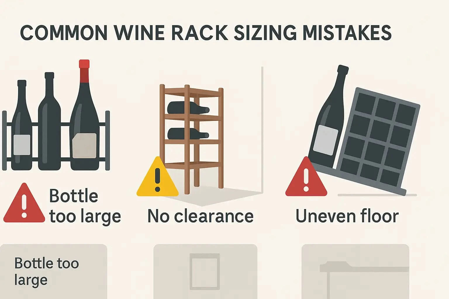 Common wine rack sizing mistakes including bottle size mismatch and clearance issues