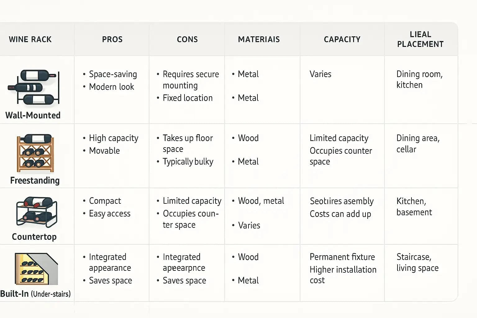 Comparison chart of wine rack styles, pros, cons, and best uses