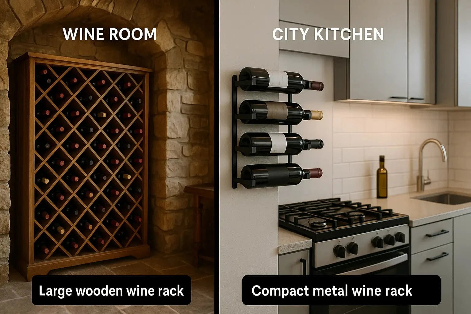 Use cases for wood and metal wine racks in different homes
