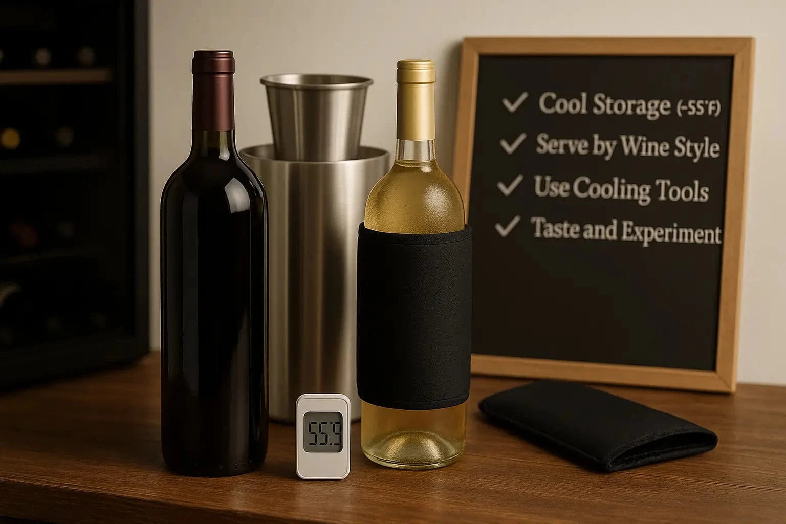 wine setup with tools and visuals highlighting key wine storage and serving temperature takeaways.