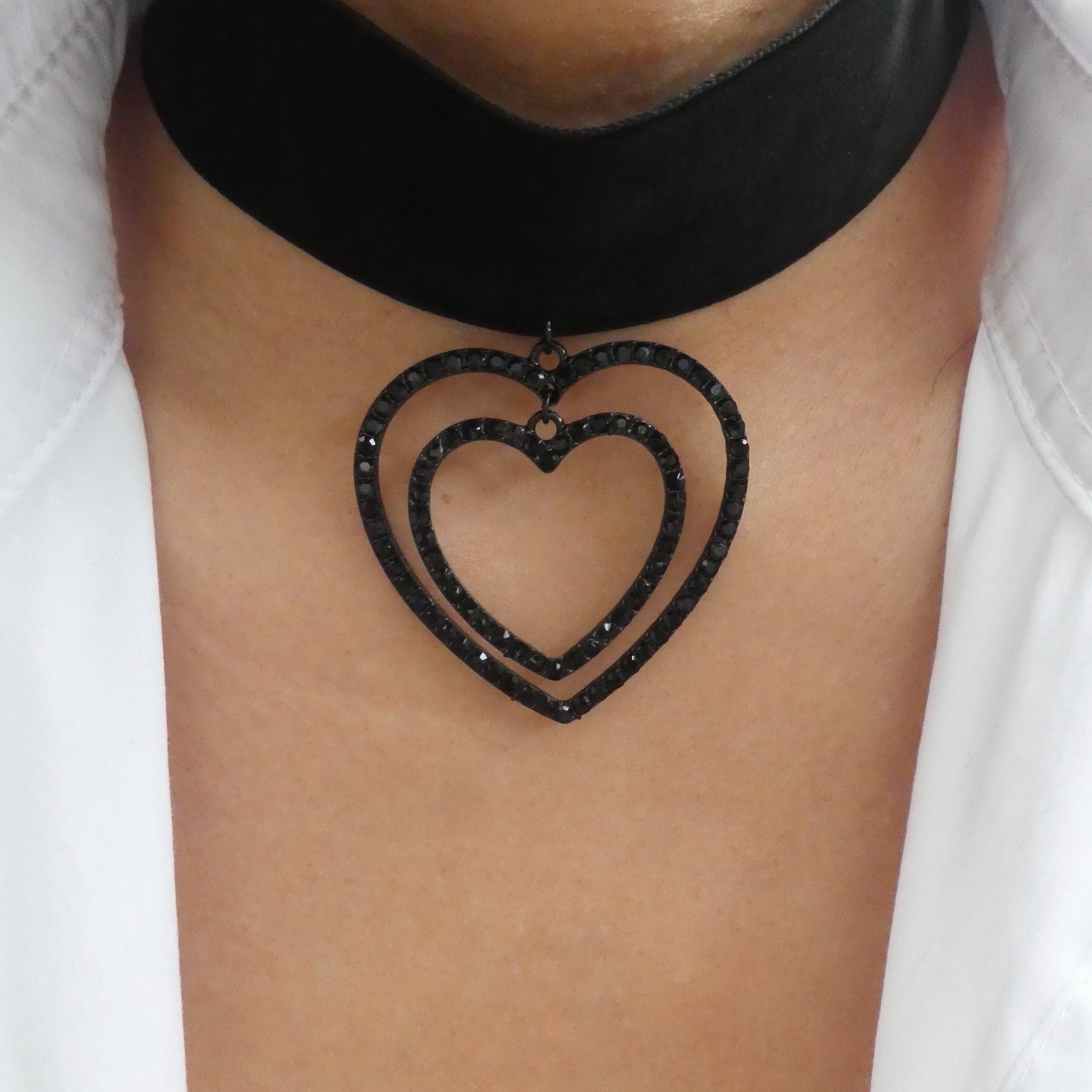 Black Choker Heart 2 Row Necklace
