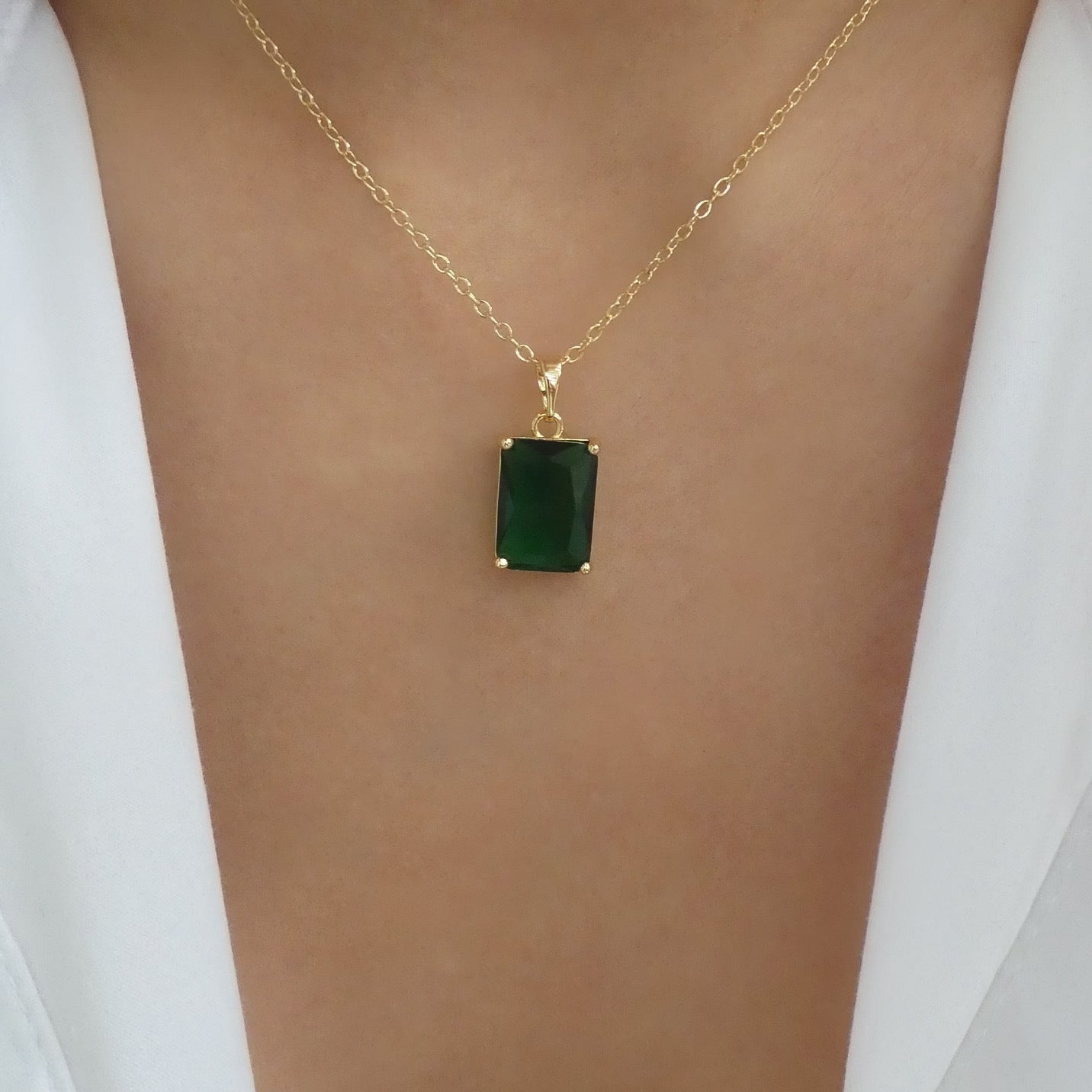 Sterling Silver Emerald Swarovski Crystal Square Necklace