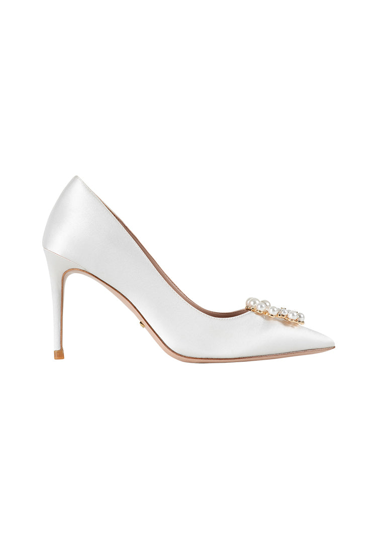 white silk heels
