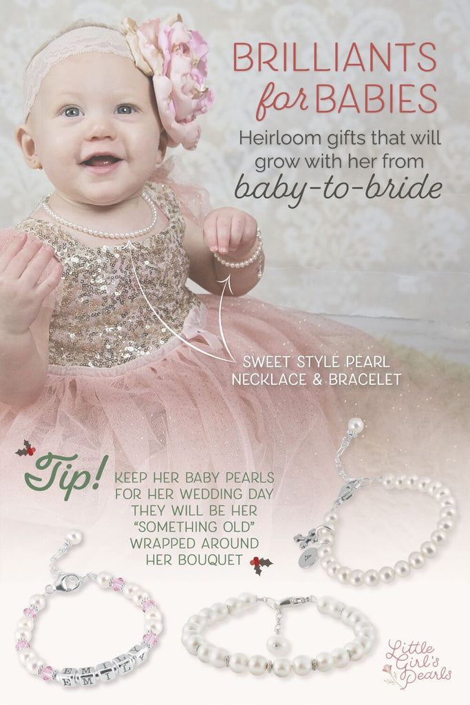 little girl in a pink sparkle tutu dress wearing a pearl bracelet and necklace - title is brilliants for babies pearl gift guide.