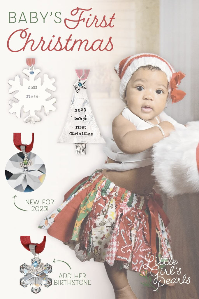 A festive little girl in a Christmas scene with beautiful ornaments like snowflakes and sunshine, alongside an elegant pearl jewelry set, all set against a backdrop of twinkling Christmas lights.