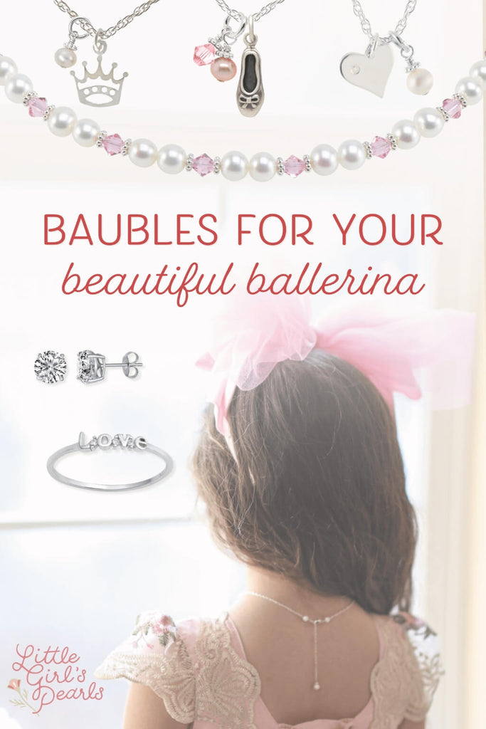 beautiful ballerina looking out a window - she is surrounded by beautiful sparkly ballet jewelry.