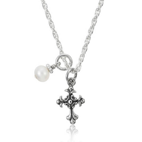 Detailed cross and pearl charm necklace for girls