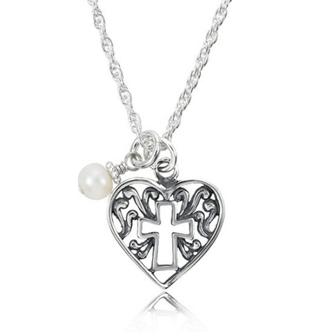 Girl's Easter cross and heart necklace in sterling silver with a pearl