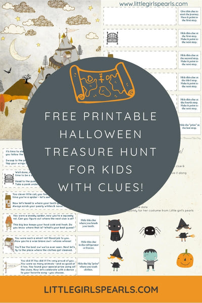 Free printable treasure hunt with map and clues for Halloween.