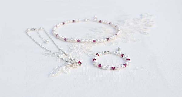 July Ruby Birthstone jewelry with pearls and sterling silver.