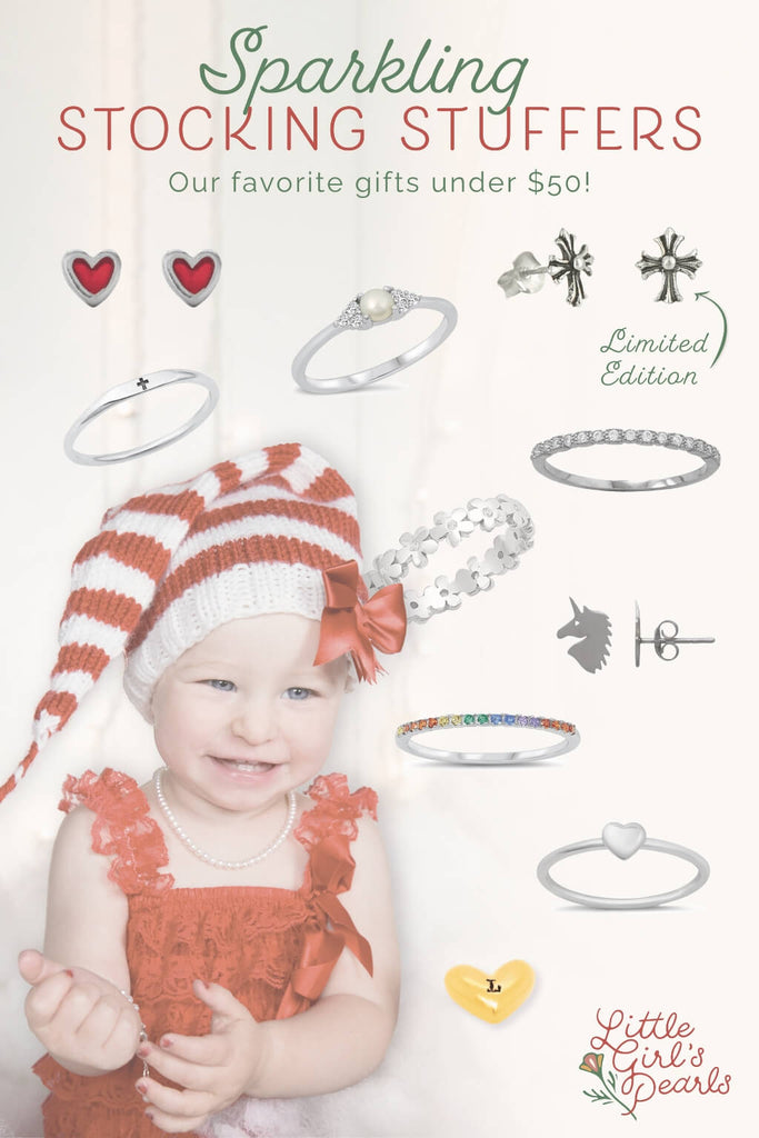 Joyful girl in red attire - jewelry stocking stuffers for girls $50 and under.