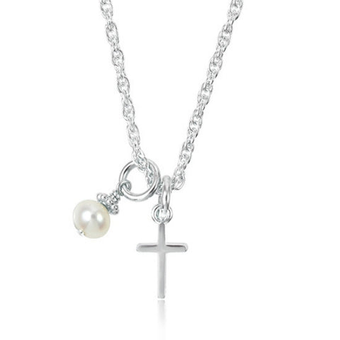 Girl's Dainty Silver Cross Necklace with a Pearl
