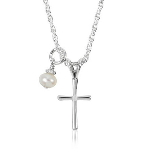 Simple traditional girl's cross necklace in sterling silver with a pearl