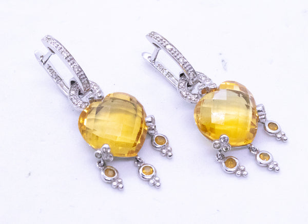 DINGING 14 KT EARRINGS HOOPS WITH 12.8 Cts ORANGE CITRINES & DIAMONDS