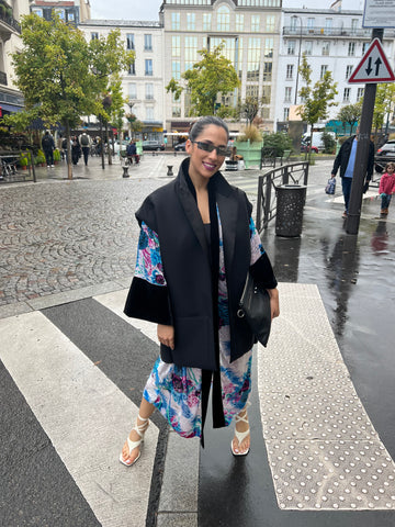 samia laaboudi in paris wearing L2R the Label velvet kimino, YSL yves saint laurent sleeveless blazer and bag