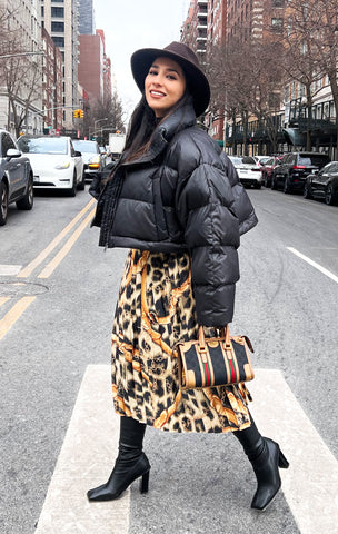 samia laaboudi wearing L2R the Label scarf pleated skirt in leopard and frankie shop quilted crop jacket and Gucci bag