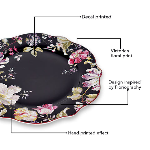 Victorian Black Floral Plate Set (1 Dinner plate + 1 Quarter plate)