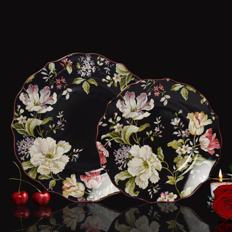 Victorian Black Floral Plate Set (1 Dinner plate + 1 Quarter plate)