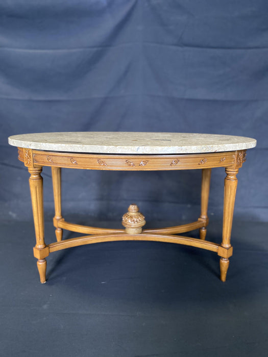 French Louis XVI Style Marble Top Carved Walnut Coffee Table — The