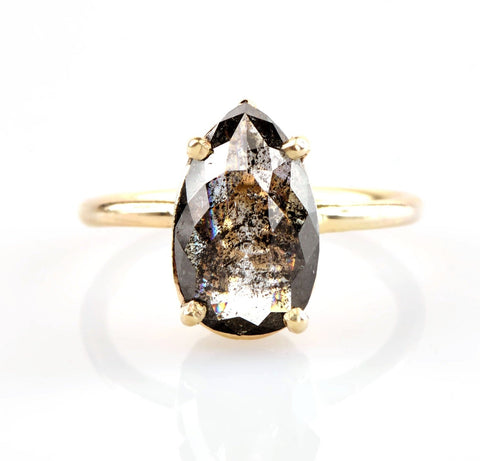 Luna | Salt & Pepper Pear Diamond Thin Delicate Recycled 14k Gold Band Engagement Ring - MTD