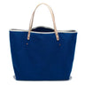 A large tote bag with roomy pocket. Beach bag, durable, shopping bag and a great travel tote. Handmade with leather handles, cotton canvas in bright royal blue.  Bound seams. Made in the USA. American Made. Unisex
