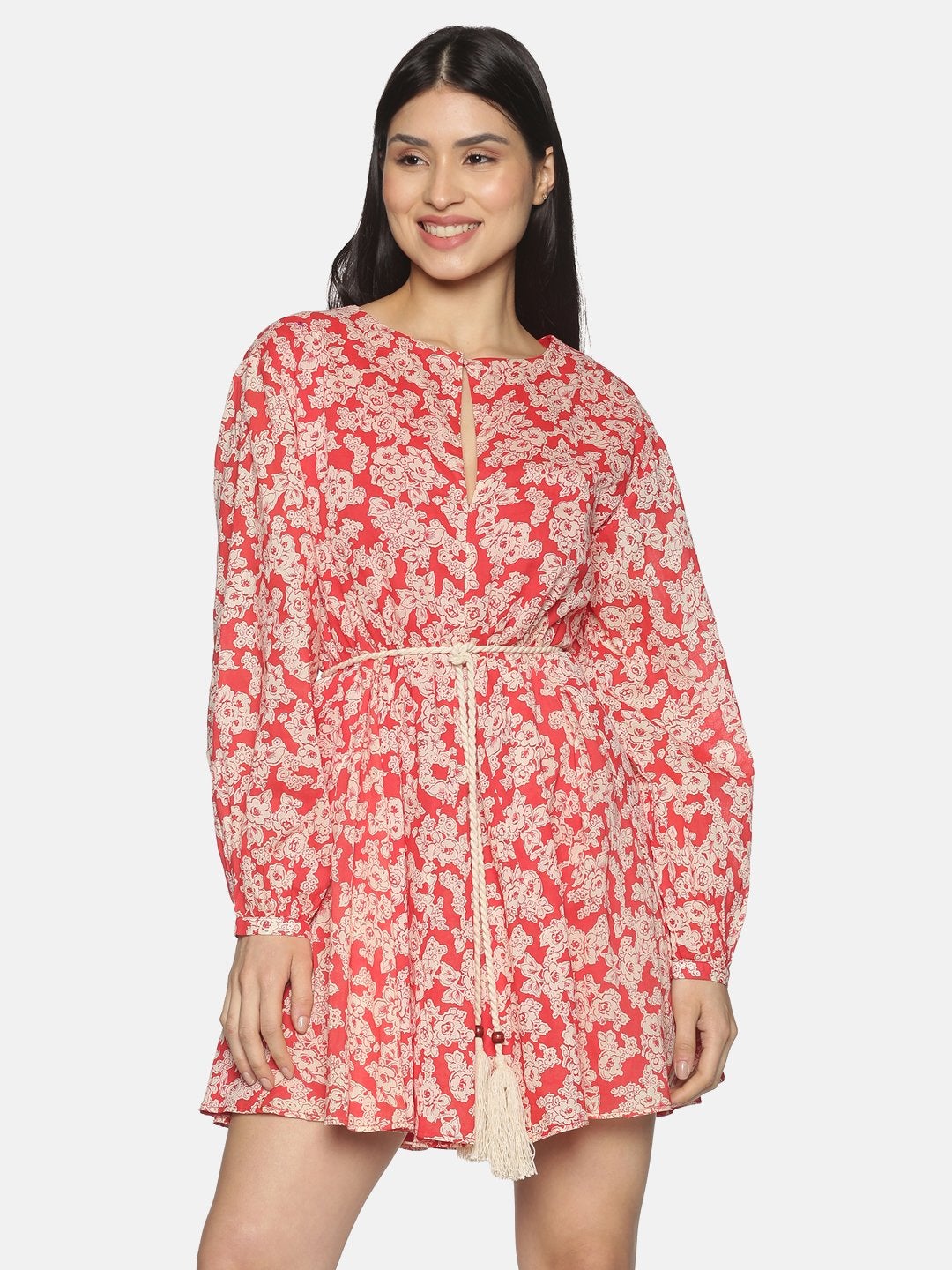 IS.U Red Floral Balloon Sleeve Relaxed Fit Short Dress