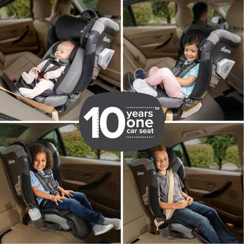 4 images in one showing the multiple ages of children that fit in the diono 3qxt+ car seat: infant, toddler, young child, older child.