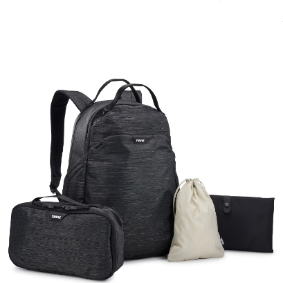 Thule Changing Backpack 2022. A backpack in heathered black with three accessories. A diaper changing mat, zippered pod, drawstring bag for soiled clothes.