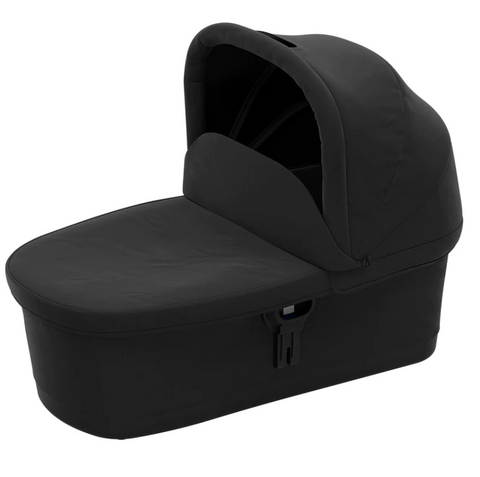Thule Urban Glide 2 Bassinet. a black bassinet with the sun canopy up, and an apron cover zipped on