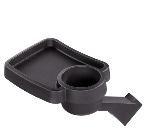 Thule Stroller Snack Tray Glide 2 / Urban Glide 2. a black plastic tray with built in cup holder. adaption point snaps onto the stroller without tools.