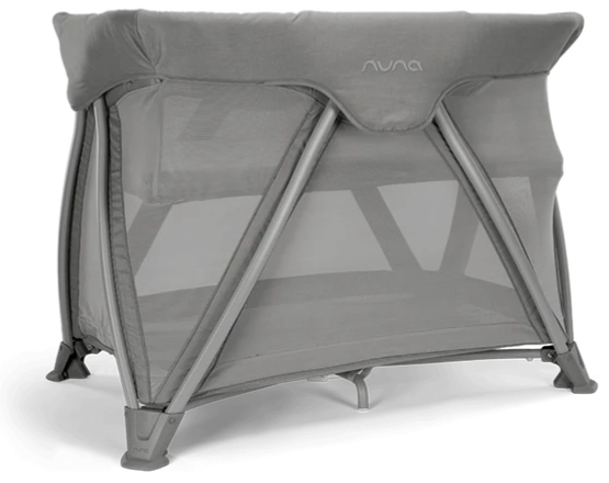 a nuna cove aire travel crib in grey has the bassinet installed, sitting on a studio white background