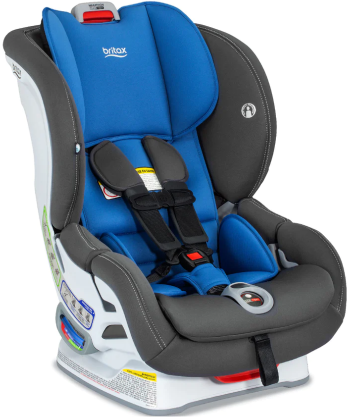 BRITAX MARATHON CAR SEAT IN BLUE AND GREY FABRIC, LINKING TO MBEANS.COM FOR PURCHASE