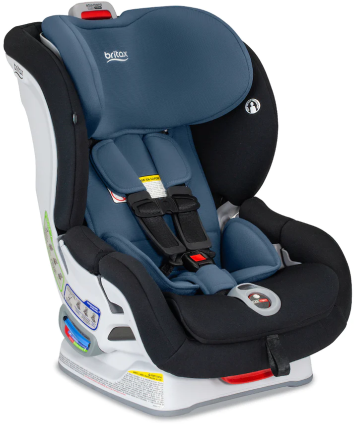 BRITAX BOULEVARD CAR SEAT IN BLUE AND GREY FABRIC, LINKING TO MBEANS.COM FOR PURCHASE