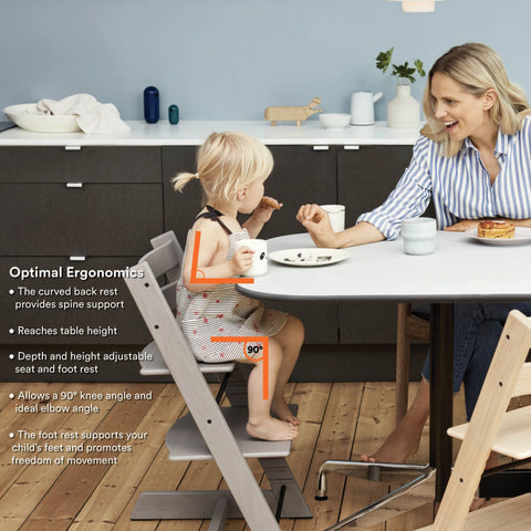 Woman interacting with child in Tripp Trapp High Chair. Overlaid text describe the ergonomic features of the chair.