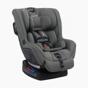 Grey Nuna RAVA car seat set against off-white background.