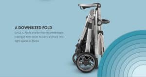 The UPPAbaby Cruz V2 2020 is folded up into a small set of frame and wheels, all against a blue background.