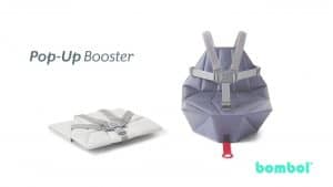 Two Bombol Pop-Up Boosters, one folded flat and one folded up with its booster seat harness on display.