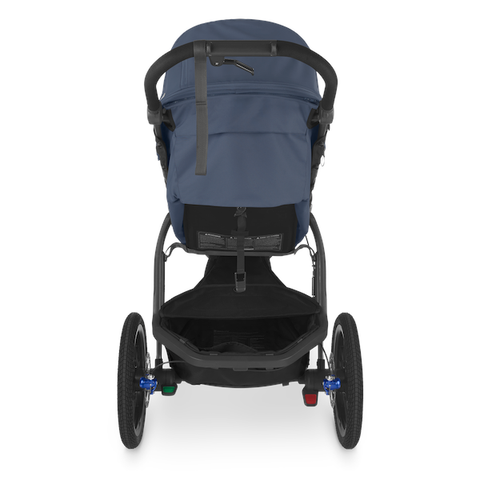 A rear view of an UPPAbaby Ridge running stroller 
