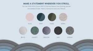Circular color swatches for the UPPAbaby Vista V2, including swatches in pink, blue, green, and various shades of grey.